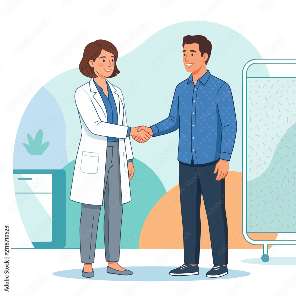 Fototapeta premium Doctor and patient shaking hands, vector illustration, symbolizing trust, healthcare, and successful medical consultation.