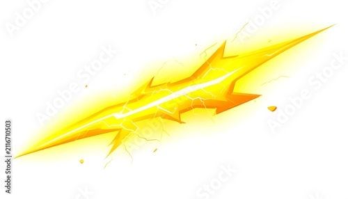 Electric lightning bolt strike with bright yellow energy and scattered debris, representing power and a powerful natural phenomenon