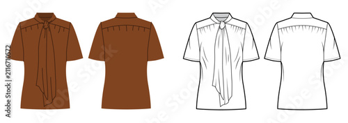 Short sleeve top with bow tie neckline, clean silhouette and minimal shaping lines. Technical fashion illustration in black and white and color, front back views, modern apparel CAD template. Vector