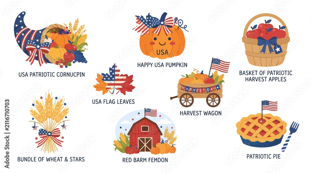 Fototapeta premium Patriotic Harvest Celebration Icons with Festive Autumnal Elements and Decorations