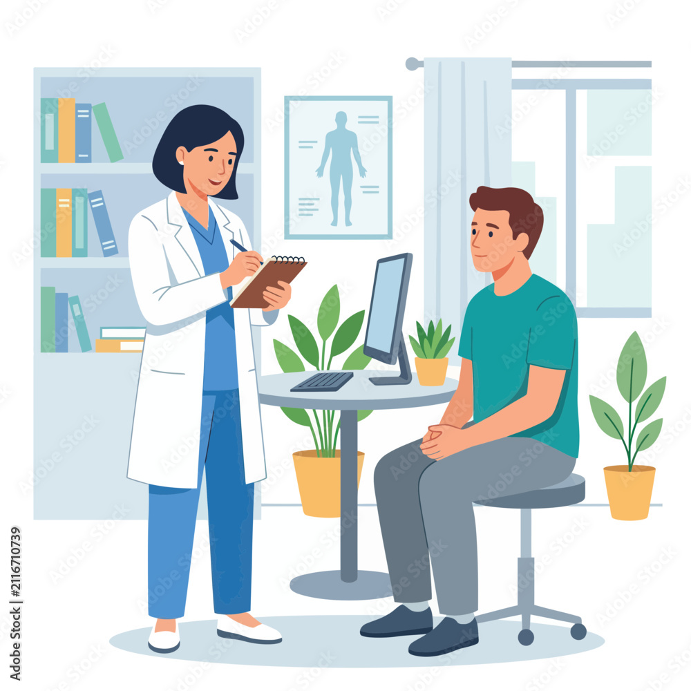 Fototapeta premium Doctor Consulting Patient in Clinic with Medical Chart and Computer, Flat Design Vector Illustration