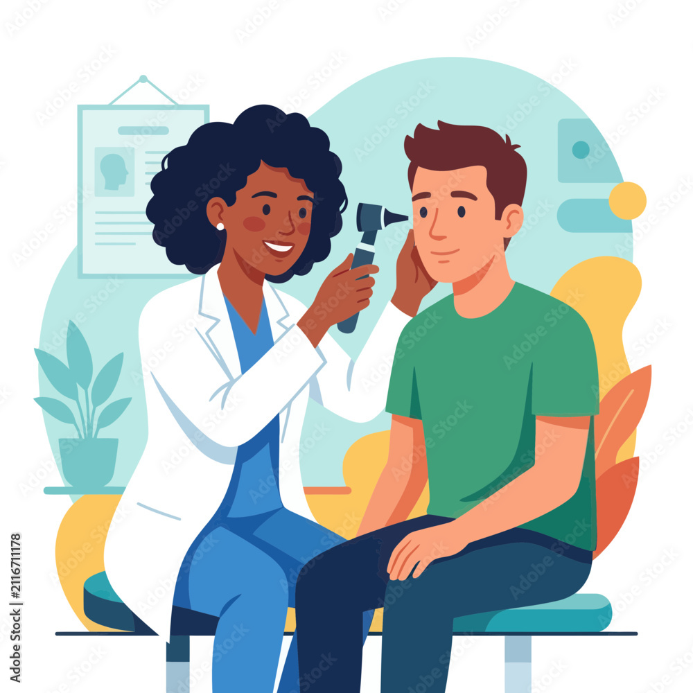 Fototapeta premium Doctor examining patient's ear with otoscope. Diverse medical professionals and patient care concept.