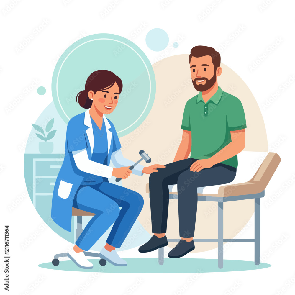 Obraz premium Doctor performs reflex test on patient's knee with reflex hammer, vector illustration of medical examination