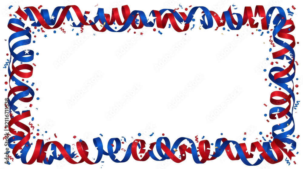 Obraz premium A festive red and blue ribbon and confetti border frames a blank white space, perfect for celebrations and patriotic events.