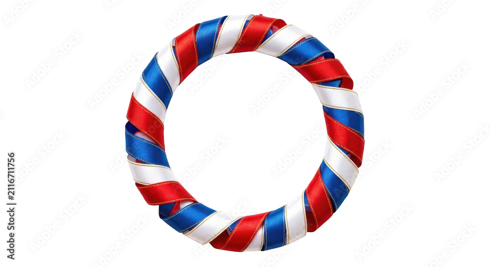 Fototapeta premium A circular wreath of red, white, and blue satin ribbons forming a patriotic festive frame against a clean white background.