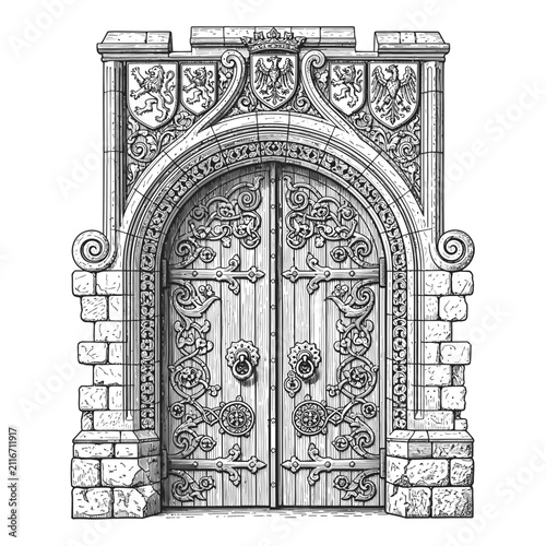 Detailed vintage illustration of an ornate medieval stone archway and decorated wooden double doors with heraldic crests.