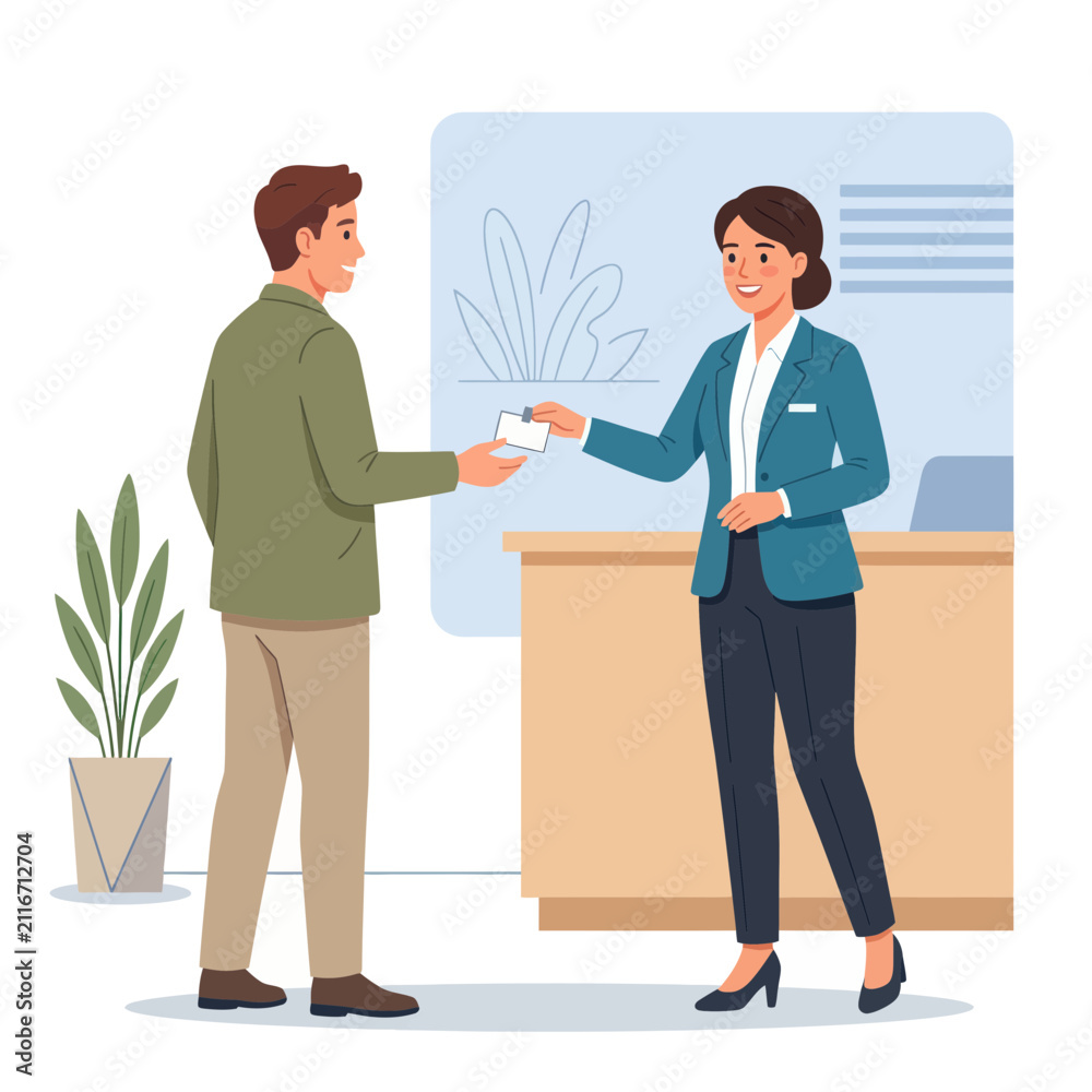 Fototapeta premium Businesswoman handing a business card to a businessman at reception desk, modern flat illustration
