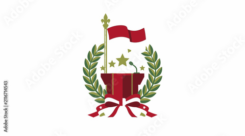 Political Podium with Wreath, Flag, and Microphone - Symbol of Speech and Leadership