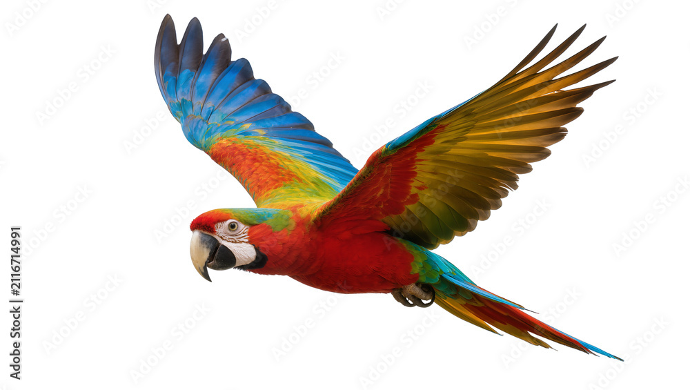 Obraz premium Isolated vibrant colorful macaw parrot flying with spread wings, exotic tropical bird in motion