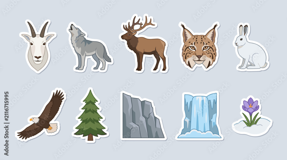 Obraz premium Collection of cartoon stickers featuring various mountain animals, a pine tree, a cliff, a waterfall, and a crocus flower.