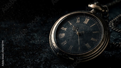 Old vintage pocket watch with Roman numerals on a dark background. Perfect for conceptual time and history themes.