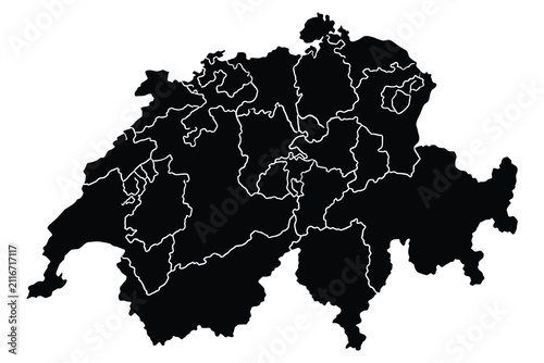 Black silhouette map of switzerland with administrative canton borders, switzerland