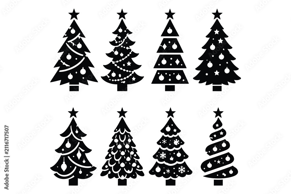 Obraz premium Set of eight decorated christmas tree silhouettes with stars and ornaments, seasonal