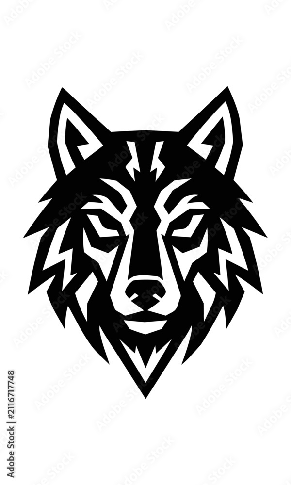 Fototapeta premium Stylized geometric wolf head emblem with sharp tribal aesthetics and bold angular lines isolated on a white background, minimal animal logo design concept