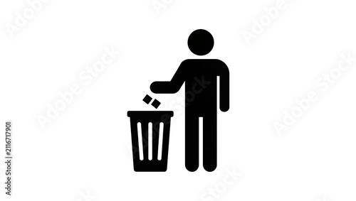 Bild auf Leinwand Isolated black silhouette of a person putting trash into a garbage can, recycle