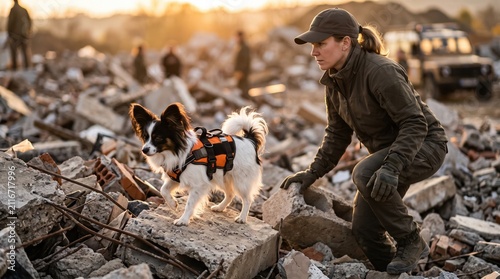 Search and rescue dog with handler working in disaster zone rubble