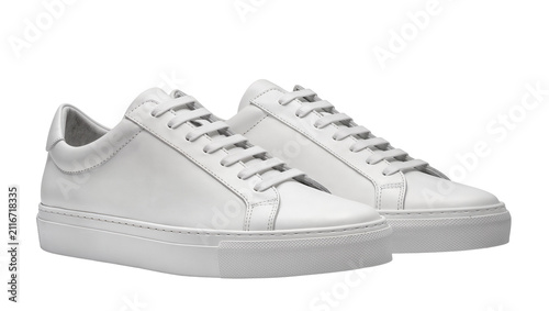 Quadro su tela Isolated pair of clean white leather minimalist sneakers for casual fashion and