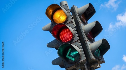 Obraz na plátně Traffic light with all lights on showing red, yellow, and green arrow