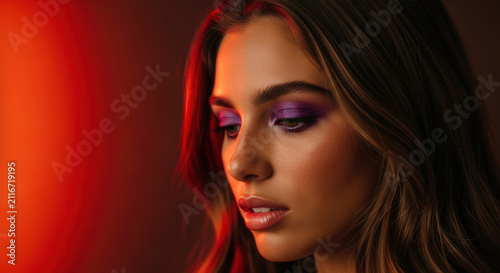 Portrait of young beautiful woman with bright purple makeup and freckles looking down softly in moody red studio lighting for dramatic fashion.