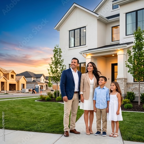 Happy family standing in front of new home. Parents and children looking at dream house.