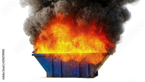 Konstfotografi Isolated industrial blue dumpster engulfed in raging flames and thick dark smoke
