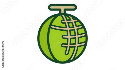 Food - Green Melon Fruit Flat Icon with Net Pattern and Stem Vector Illustration on White Background