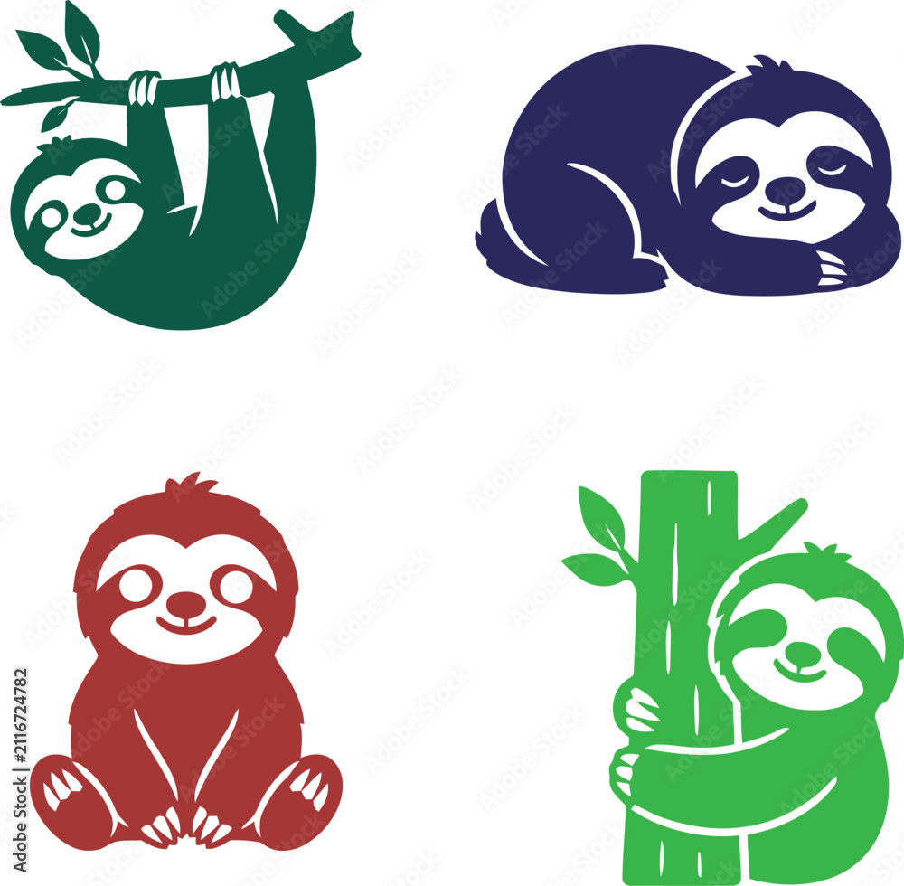 Fototapeta premium Cute sloth character vector logos, funny lazy animal icons set