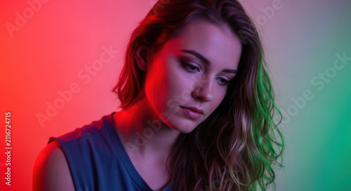 Sad young woman looking down against pink and green vibrant studio background with moody creative lighting fashion portrait photography style.