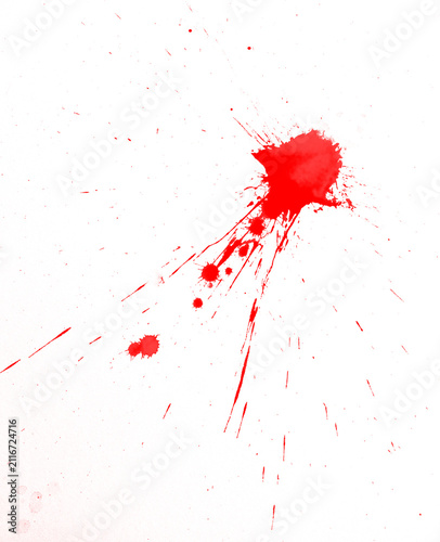Abstract red paint splatter with dynamic ink splash, drips, and scattered droplets isolated on a white background. High-quality vector illustration suitable for grunge designs, artistic backgrounds.