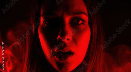 Scared young woman looking into darkness under dramatic red lighting atmosphere creating mood of fear horror cinematic tension and intense emotion.