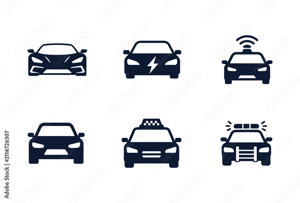 Obraz premium Set of modern car front view icons including electric vehicle taxi police and autonomous smart car.