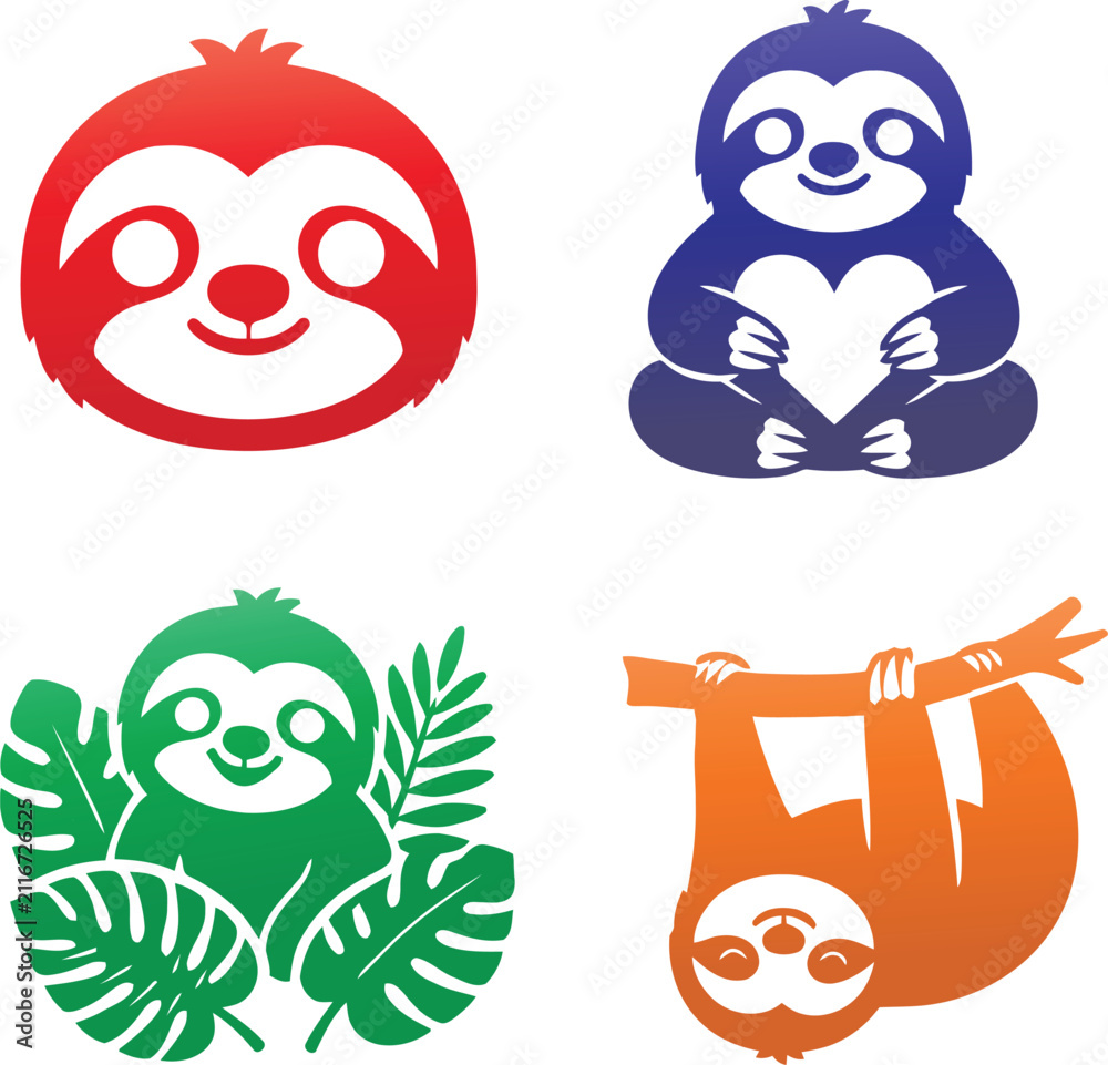 Fototapeta premium Cute sloth cartoon logo vector set, lazy animal with heart and tropical