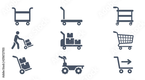 Set of logistics trolleys and shopping cart icons.
