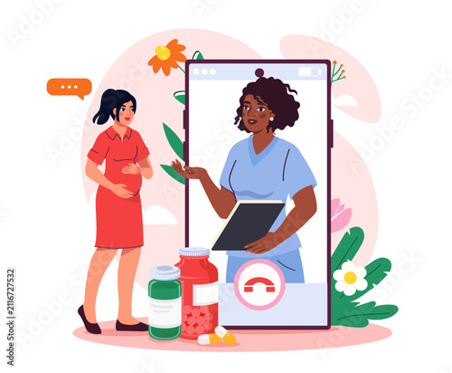 Vector illustration of a pregnant woman receiving remote medical advice from a healthcare professional. Telemedicine, maternity care and online pregnancy support concept