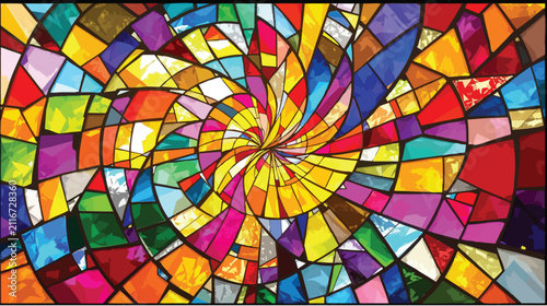 Radial stained glass mosaic featuring a vibrant spiral of multicolored geometric glass segments.