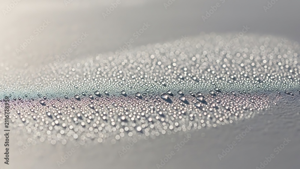 Obraz premium Macro water droplets on grey metallic surface, condensation beads with iridescent rainbow reflection, moisture texture on waterproof car paint for automotive care concept