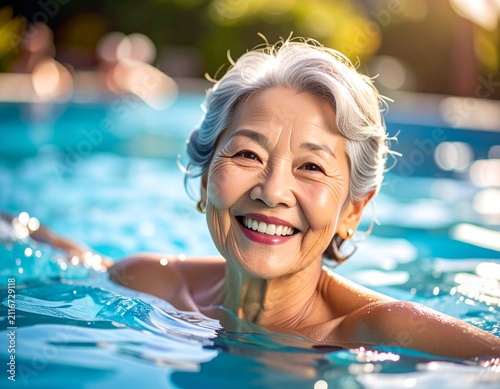 Capture the essence of joyful retirement with this image of a smiling senior woman enjoying a refreshing swim in the pool, radiating health and happiness.