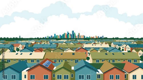 Suburban residential neighborhood houses and city skyline horizon flat vector illustration for real estate marketing