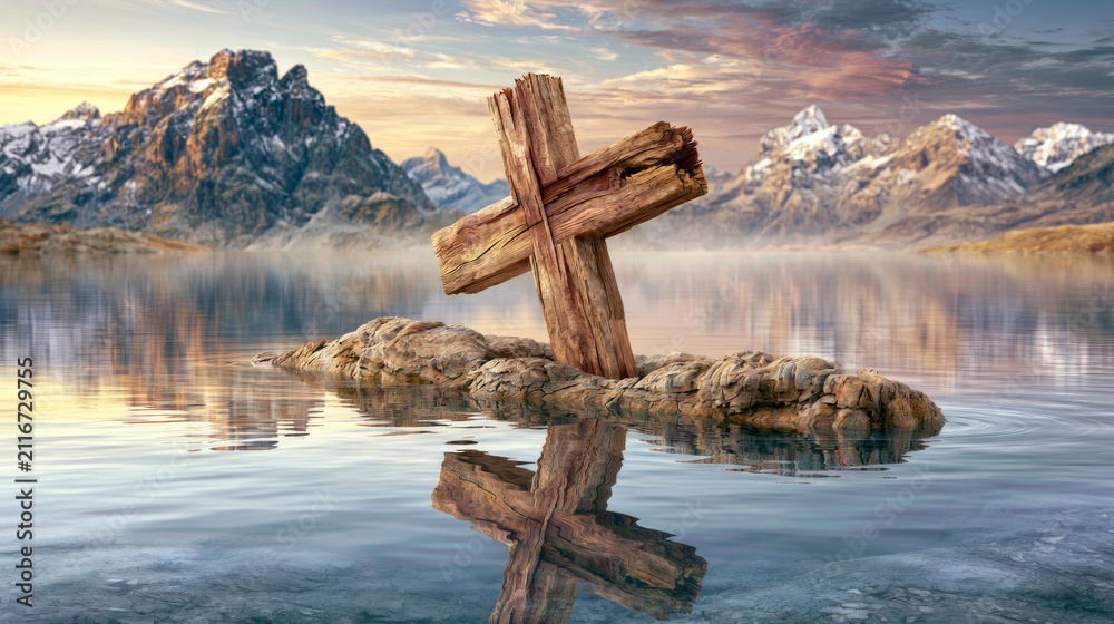 Obraz premium Symbolic Wooden Cross Rising from Calm Water with Mountain Reflection at Sunrise
