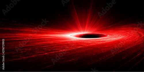 Cosmic Swirl of Crimson Energy: A mesmerizing depiction of a black hole, radiating intense red light and gravitational forces, pulling in surrounding matter in a powerful cosmic dance.