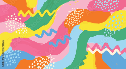 Hand-painted abstract background with vibrant brushstrokes in pink, yellow, blue, and green featuring Memphis style squiggly lines and white polka dots for a lively, textured composition.
