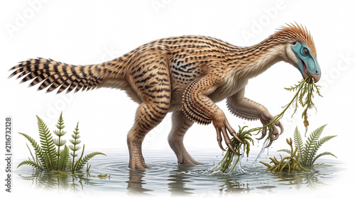 Photorealistic Nothronychus graffami feeding on aquatic plants, isolated on white background, showing natural herbivorous behavior and scientifically accurate paleontological reconstruction.
