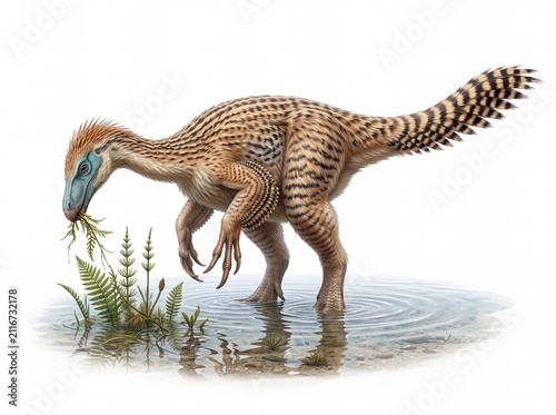 Photorealistic Nothronychus graffami feeding on vegetation in shallow water, isolated on white background, showing natural behavior and scientifically accurate paleontological reconstruction.
