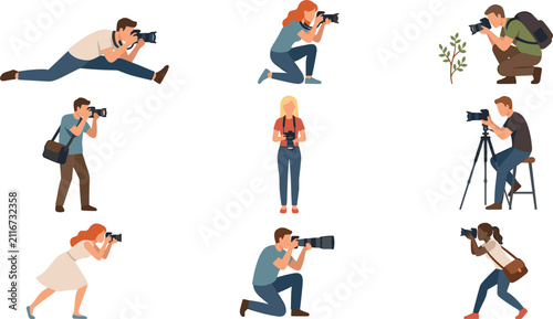 Bild auf Leinwand Professional and Amateur Photographers Character Set with Diverse Men and Women