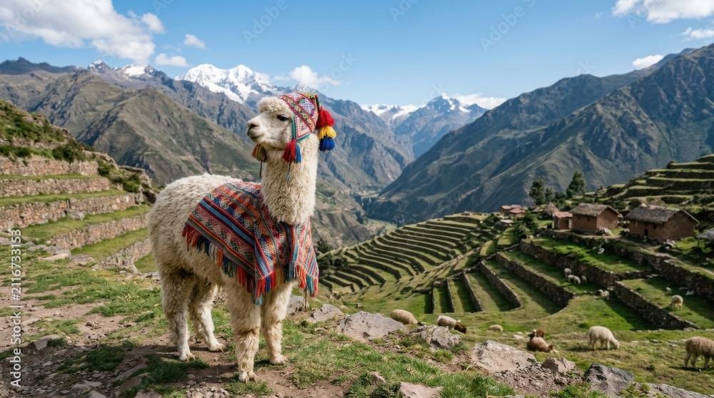 Fototapeta premium Alpaca Standing Proudly in the Andes Mountains with Terraced Fields.