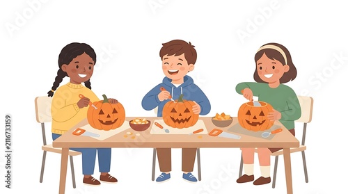 Carving Smiles: Three cheerful children sit around a table, happily carving pumpkins into jack-o'-lanterns, creating festive decorations for Halloween.