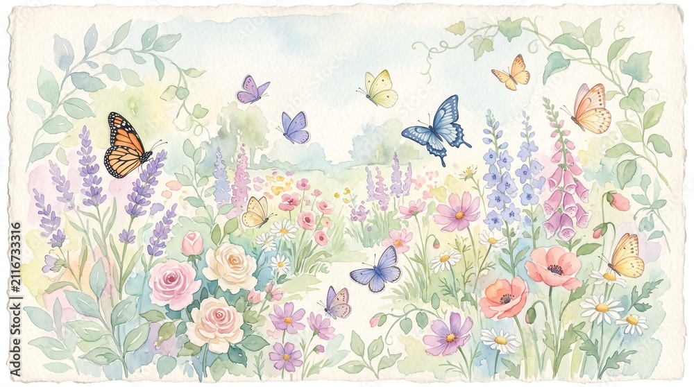 Fototapeta premium Watercolor Garden Scene With Butterflies And Flowers