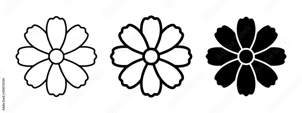 Obraz premium Simple Floral Icons Set: Outline and Silhouette Flower Graphics for Design Projects