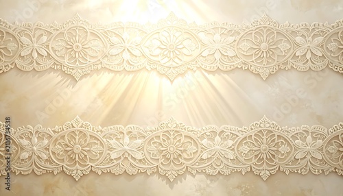 Exquisite and delicate ornamental lace borders, beautifully framing a soft, luminous background with radiant light effects, perfect for elegant design and vintage decor