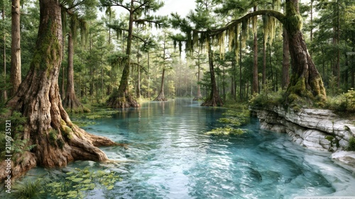 Serene Cypress Swamp with Crystal Clear Water Surrounded by Lush Greenery and Trees